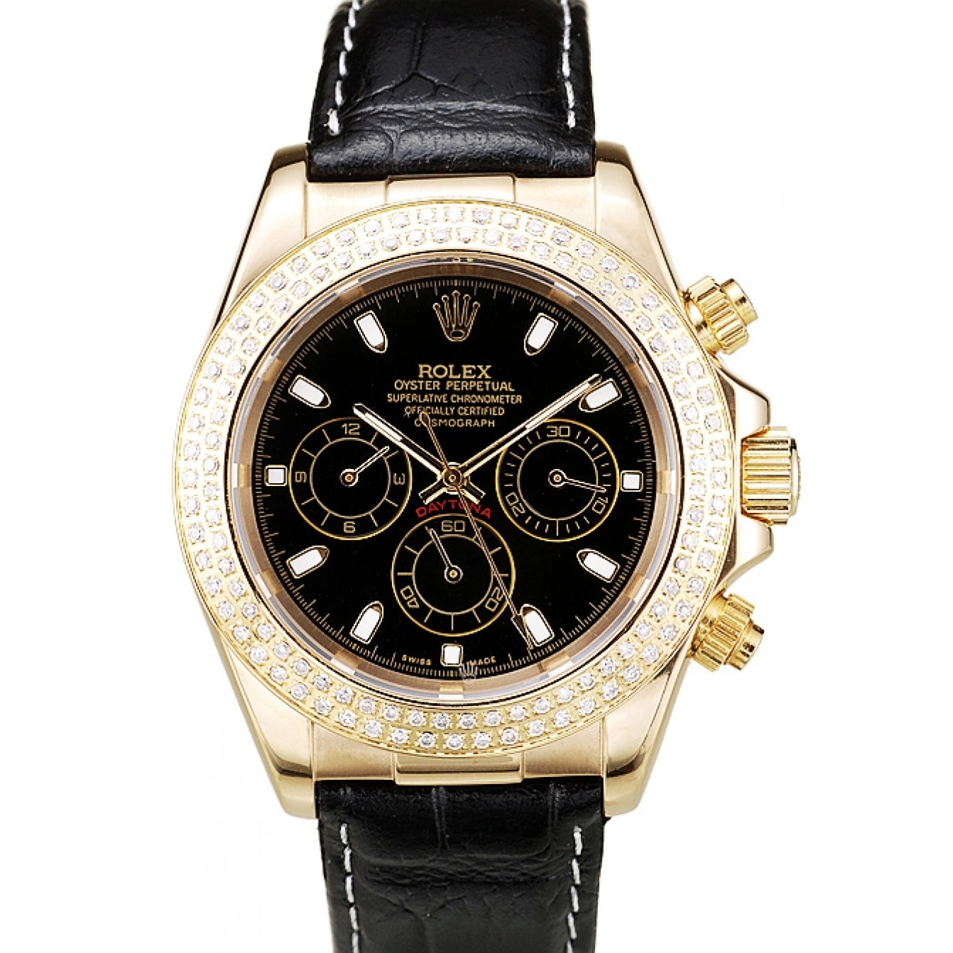 MiroTime 0716 Rolex Daytona Gold Case Crystal Studded Bezel Black Dial